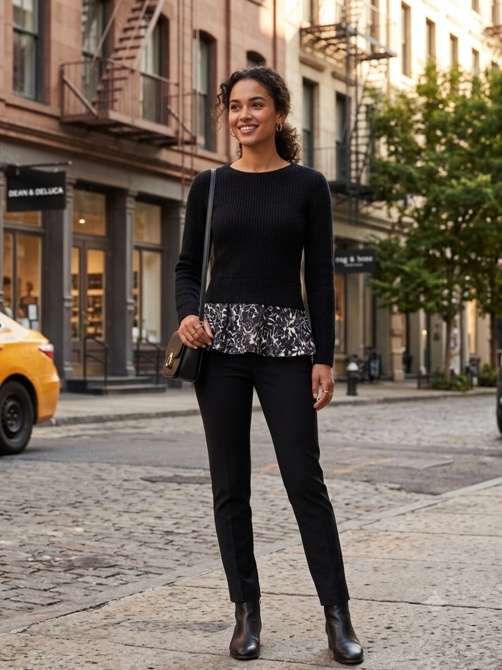Tory Burch Black Merino Wool Ribbed Knit Floral Peplum Hem Layered Sweater sz s